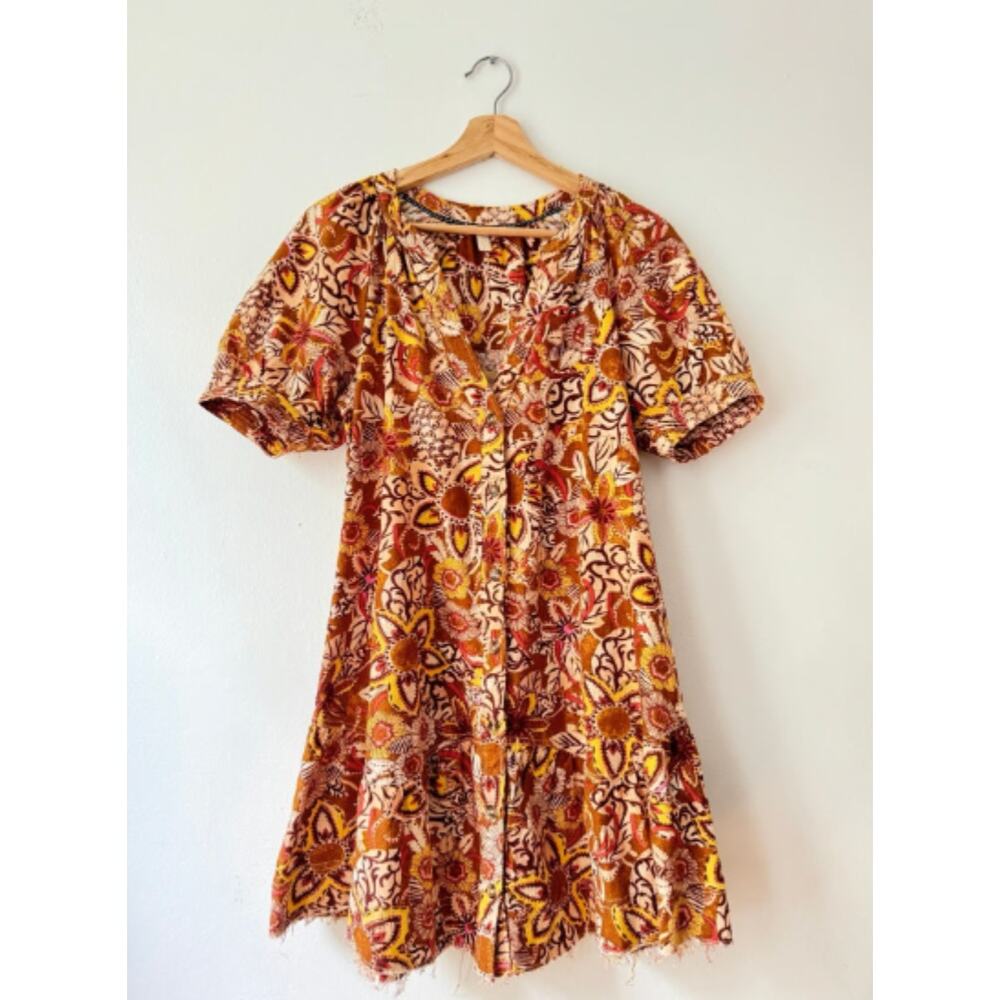 Pilcro Puff Sleeve Floral Print Raw Hem Tapestry Dress Sz Medium